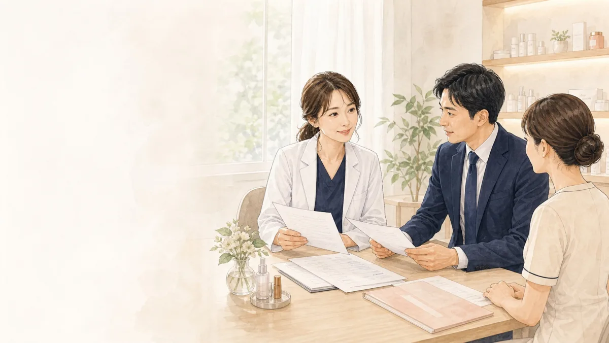明るい美容クリニックで院長と担当者が保険の書類を確認しているイラスト