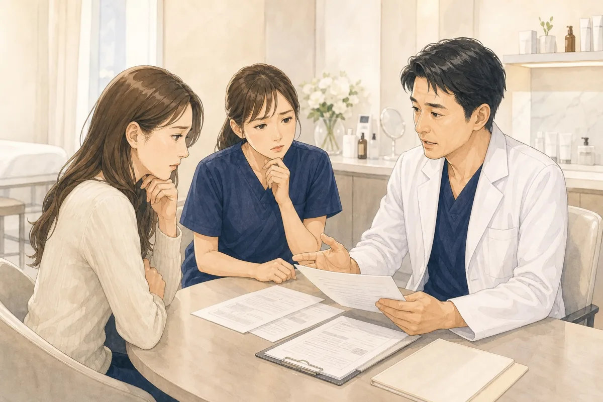 施術後トラブルや説明書類について、院長とスタッフが困って相談しているイラスト
