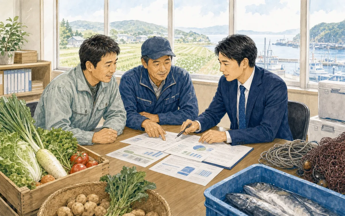 農業・漁業の経営者と保険担当者が保険書類を確認しているイラスト