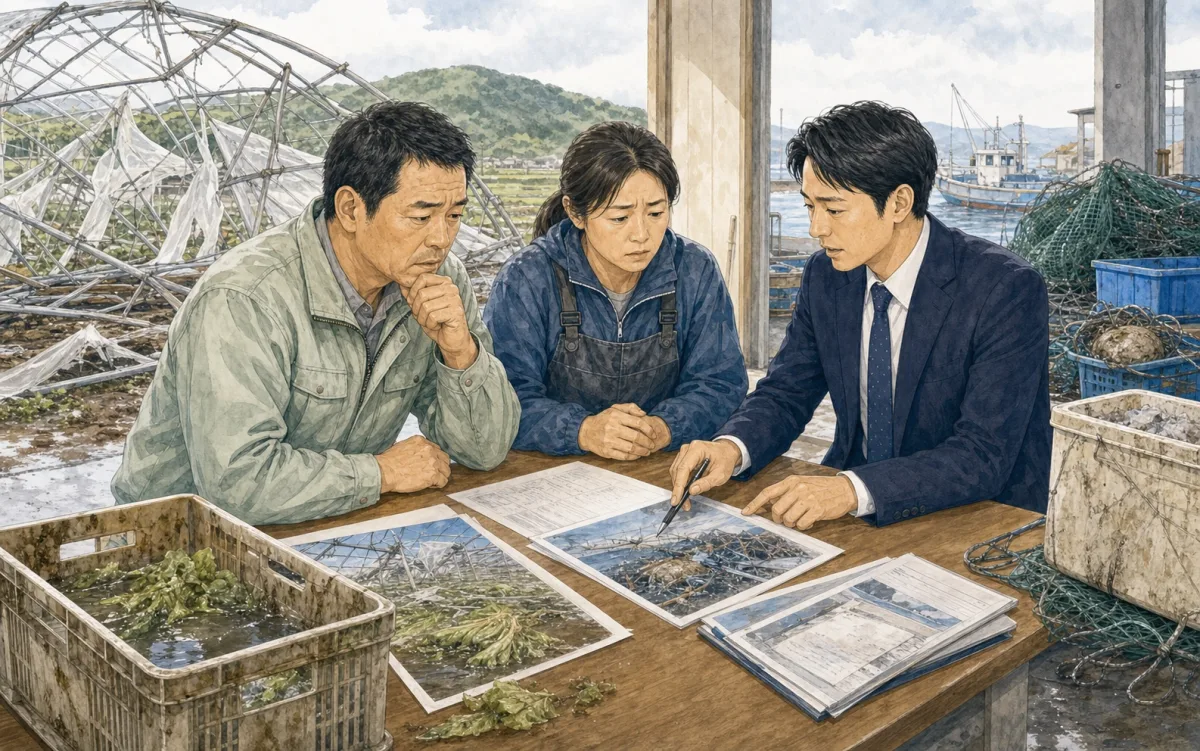 自然災害や出荷トラブルについて、農業・漁業の代表者が困って相談しているイラスト