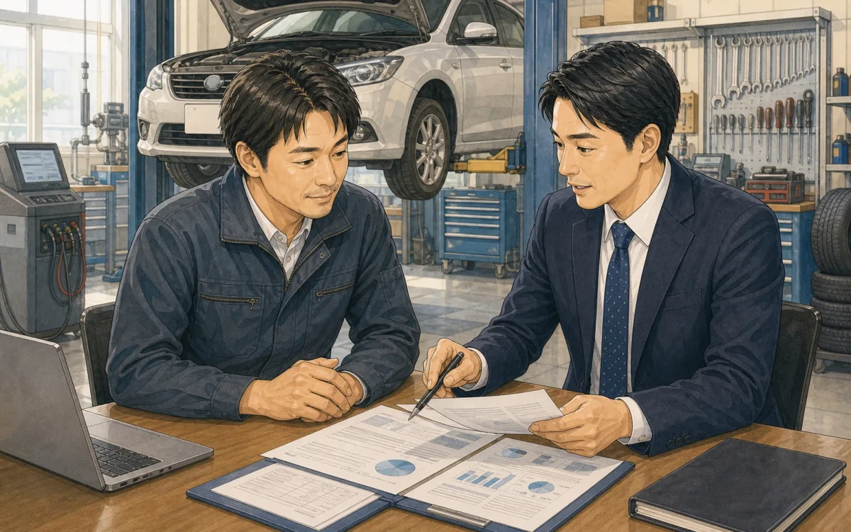 自動車整備工場の代表と保険担当者が保険書類を確認しているイラスト