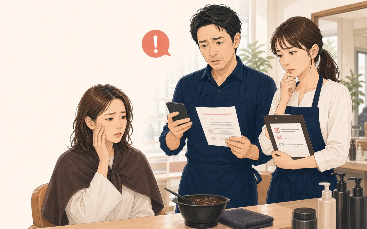 カラー施術後のトラブルでオーナーとスタッフが困惑しているイラスト