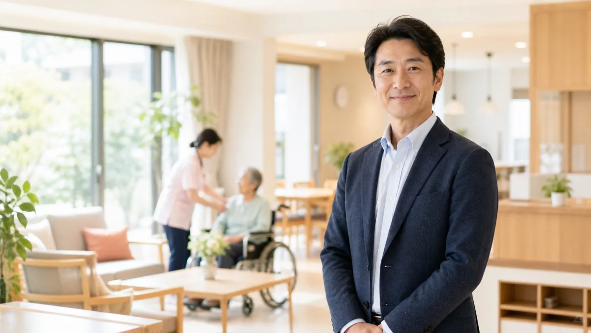 明るい介護施設で利用者に寄り添うスタッフ