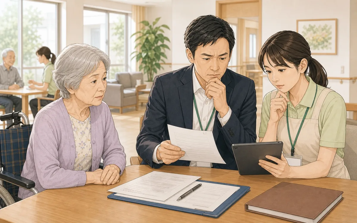 介護施設で利用者事故の報告書を確認し、施設長と職員が困っているイラスト
