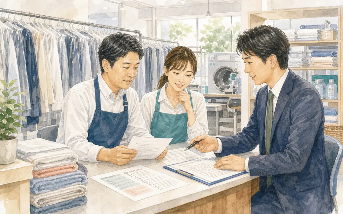 クリーニング店のオーナーと保険担当者が店内で保険書類を確認しているイラスト
