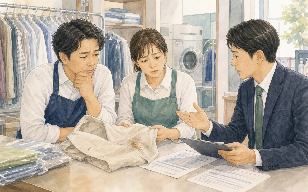 預かり品の破損や仕上がりトラブルについてクリーニング店オーナーが困って相談しているイラスト