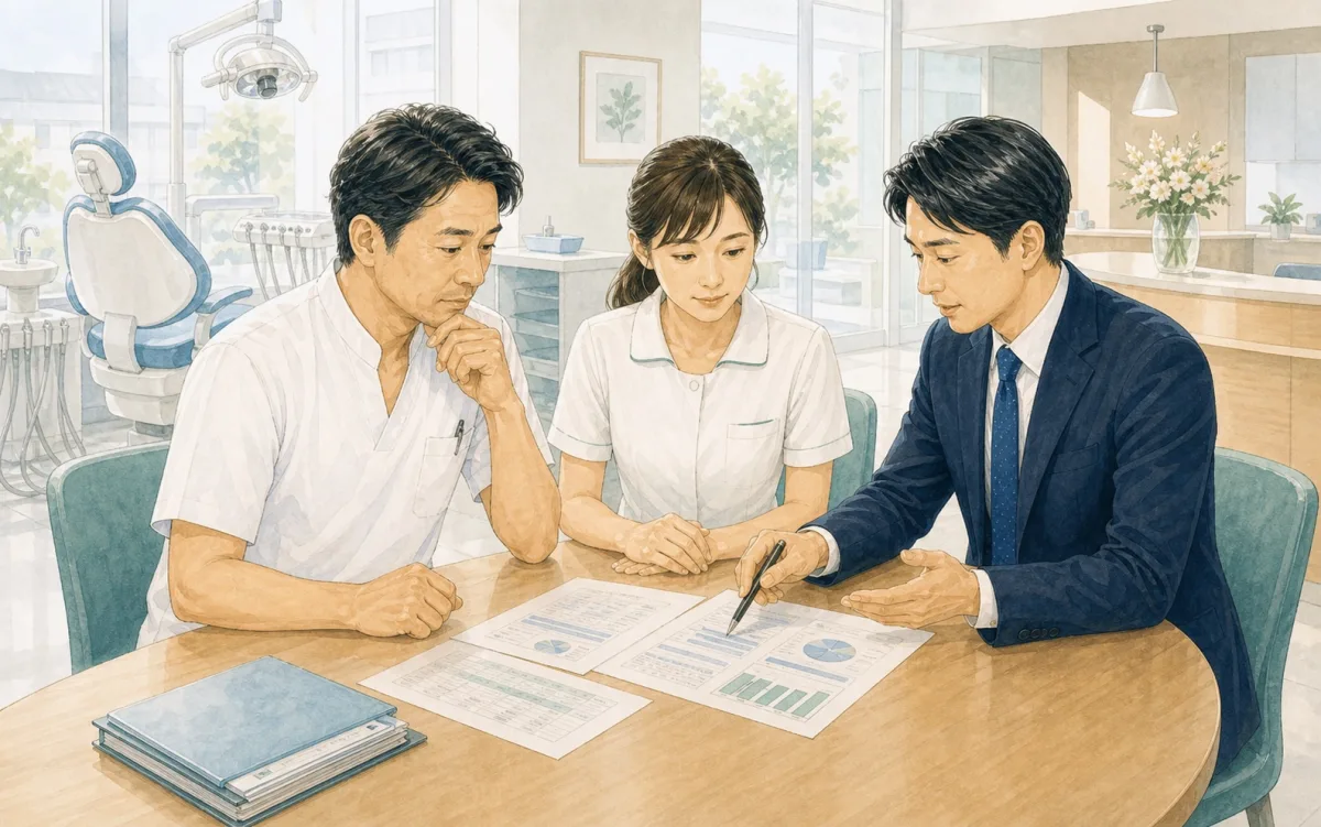 歯科医院の院長・スタッフと保険担当者が保険書類を確認しているイラスト