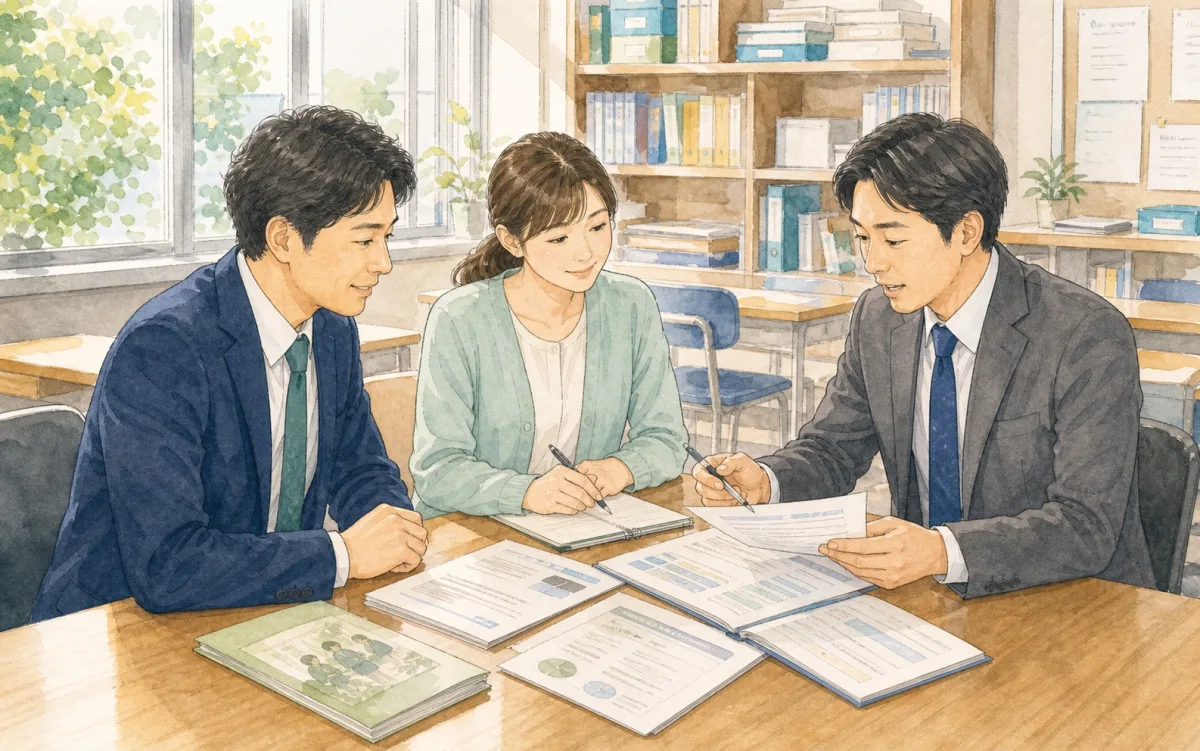 学習塾・習い事教室の運営者と保険担当者が保険書類を確認しているイラスト
