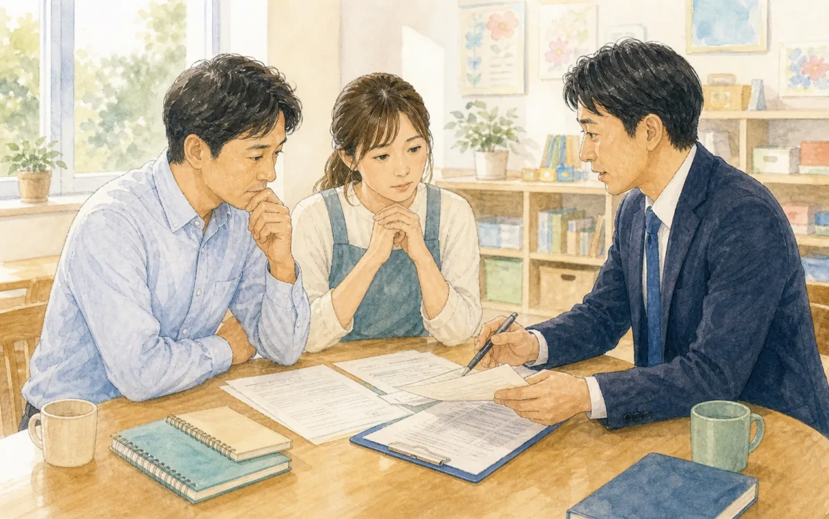 学習塾・習い事教室で事故報告書を前に運営者と講師が困って相談しているイラスト
