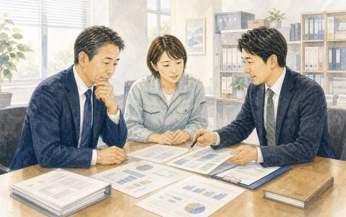 法人の経営者と保険担当者が会議室で保険書類を確認しているイラスト