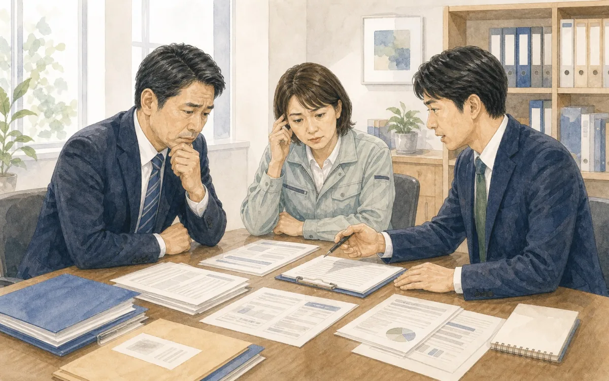 法人の経営者が賠償や労務トラブルについて困って相談しているイラスト