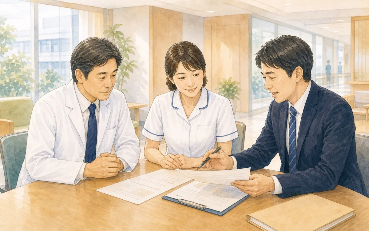 病院の理事長・幹部スタッフと保険担当者が保険書類を確認しているイラスト