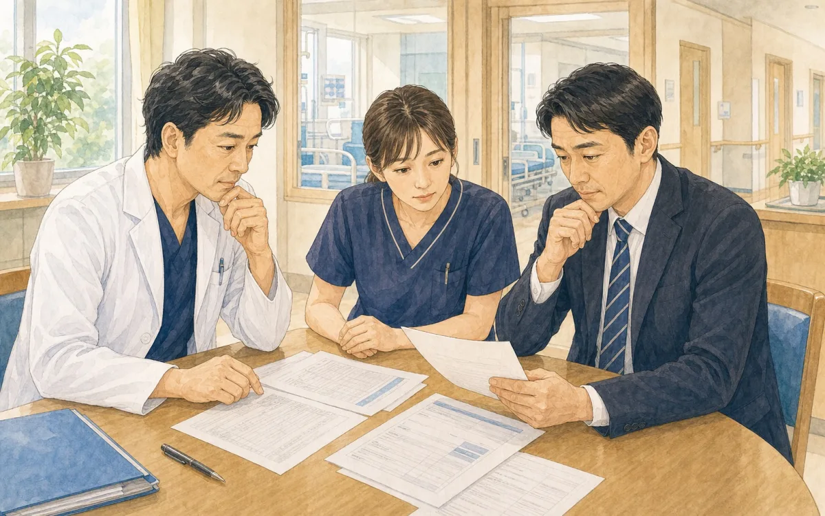 病院で事故報告書を前に理事長と職員が困って相談しているイラスト