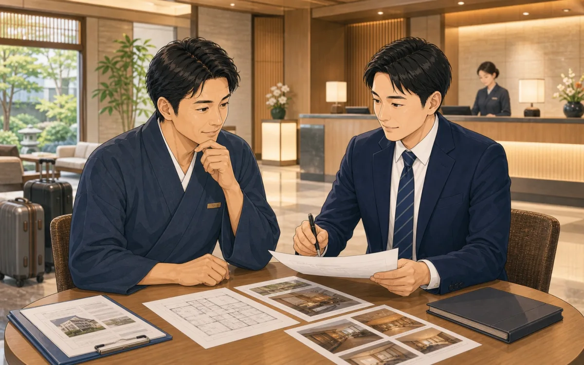 ホテル・旅館のオーナーと保険担当者がロビーで保険書類を確認しているイラスト