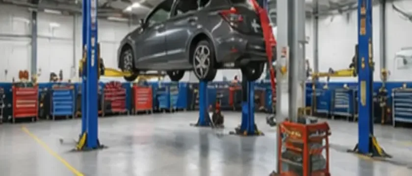 自動車整備工場のリフトと工具の写真