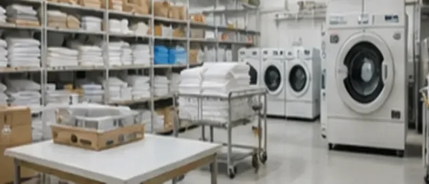 クリーニング工場の棚と洗濯設備写真