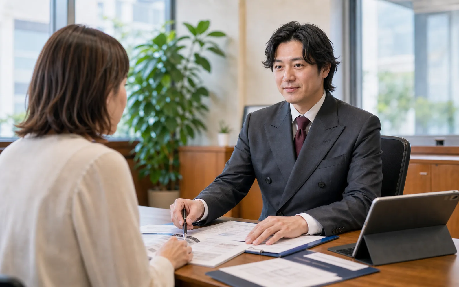 保険証券を確認しながら相談している様子