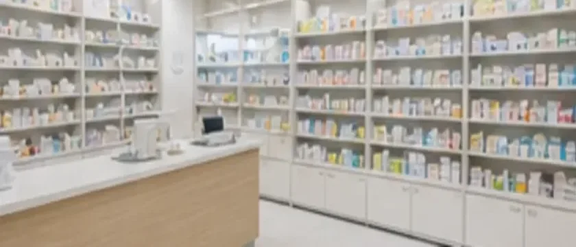 人のいない調剤薬局の棚とカウンター写真
