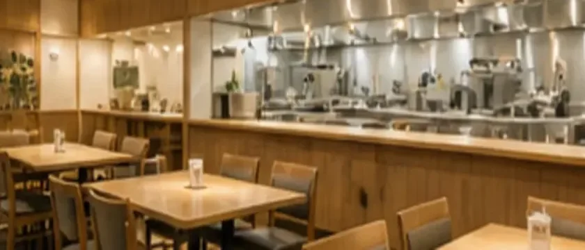 人のいない飲食店の客席と厨房写真