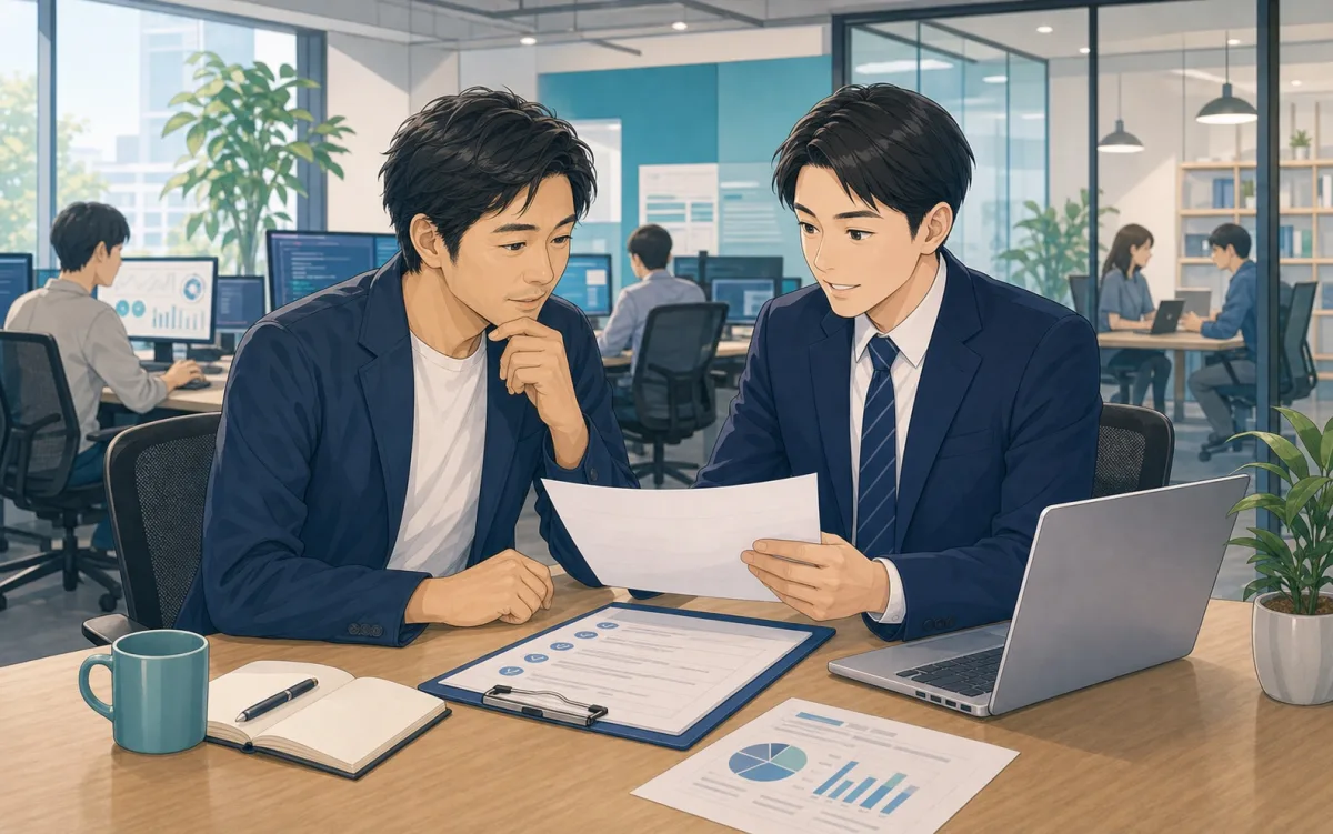 IT・SaaS企業の代表と保険担当者がオフィスで契約書類を確認しているイラスト