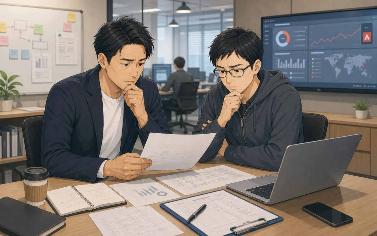 サービス障害やデータ事故について、SaaS企業の代表とエンジニアが困って相談しているイラスト