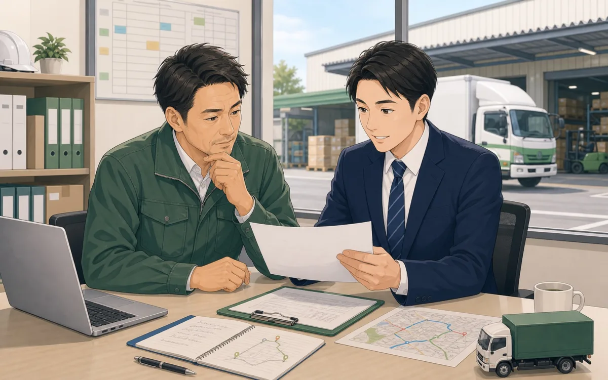 運送会社の代表と保険担当者が倉庫を背景に保険書類を確認しているイラスト