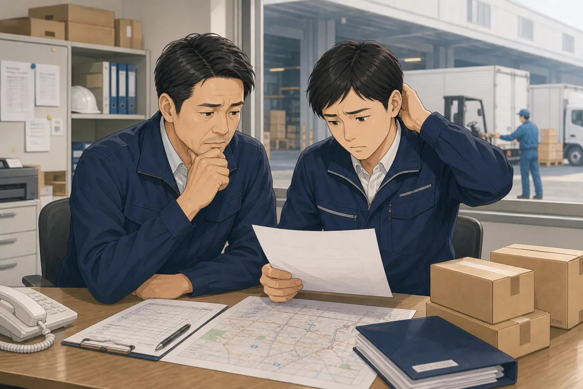 貨物損害や配送遅延について、運送会社の代表と運行管理者が困って相談しているイラスト