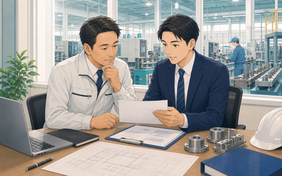 製造業の経営者と保険担当者が工場を背景に保険書類を確認しているイラスト