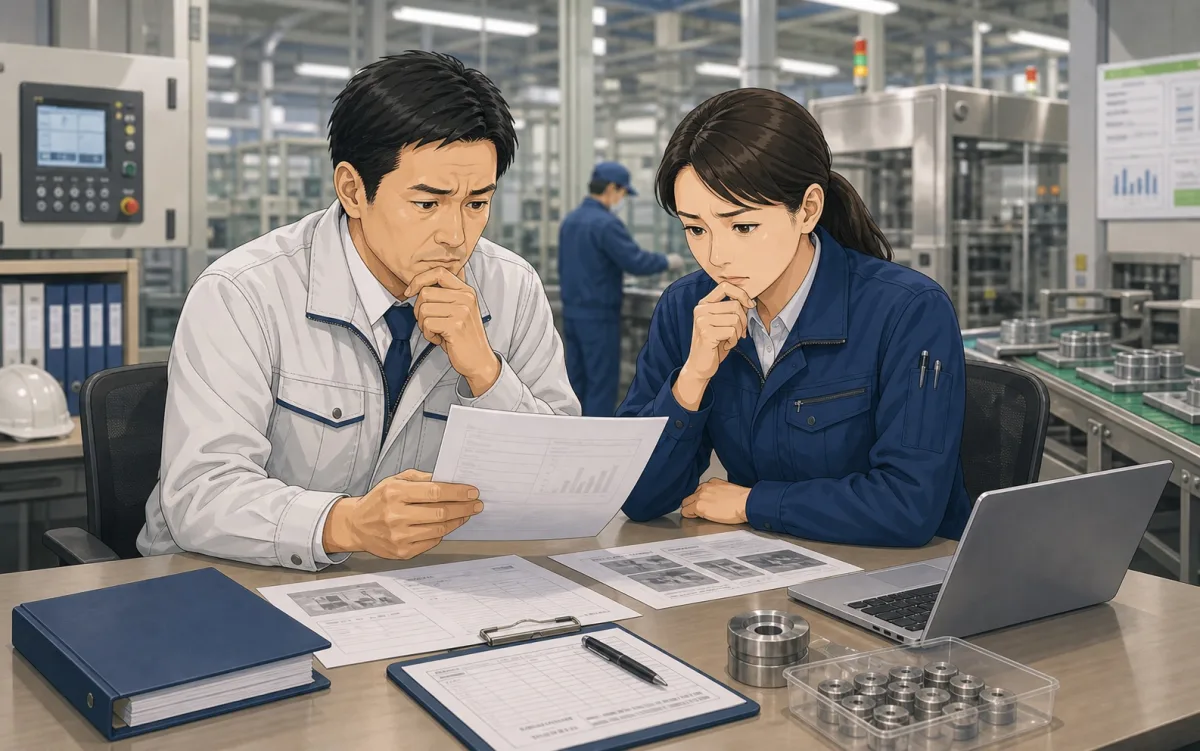 製品不具合や工場停止について、工場責任者と品質管理担当者が困って相談しているイラスト