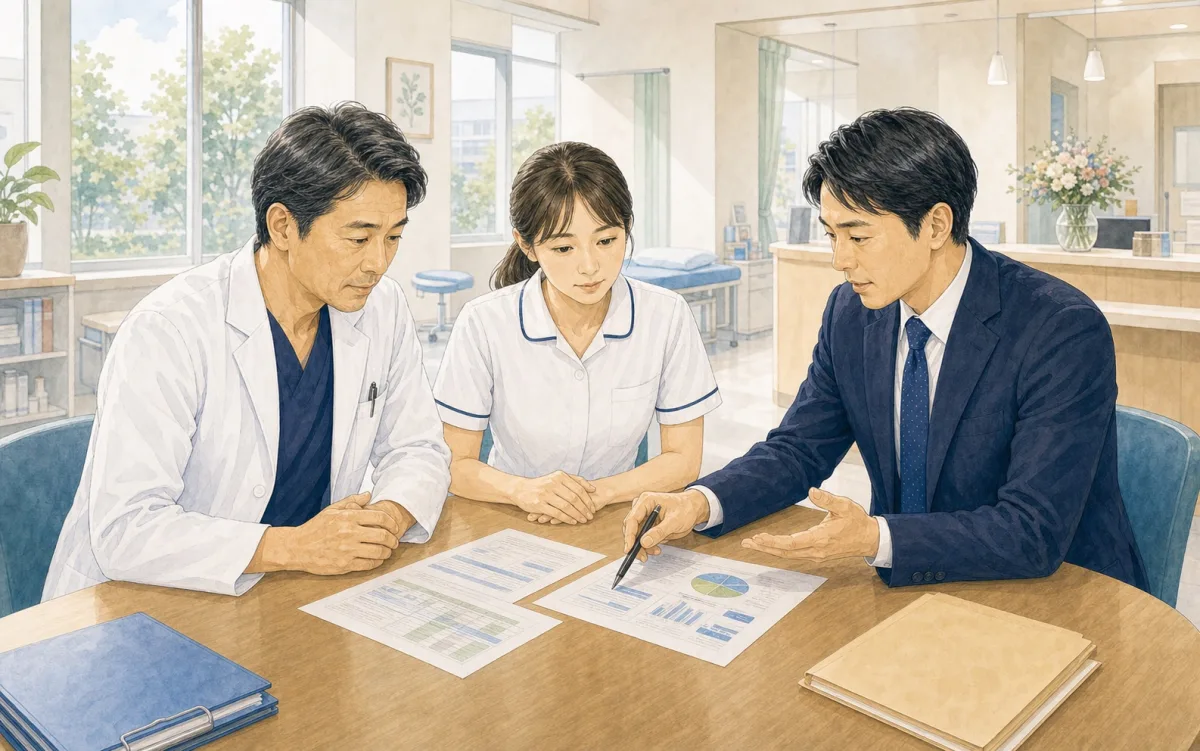 医療機関の院長・スタッフと保険担当者が保険書類を確認しているイラスト