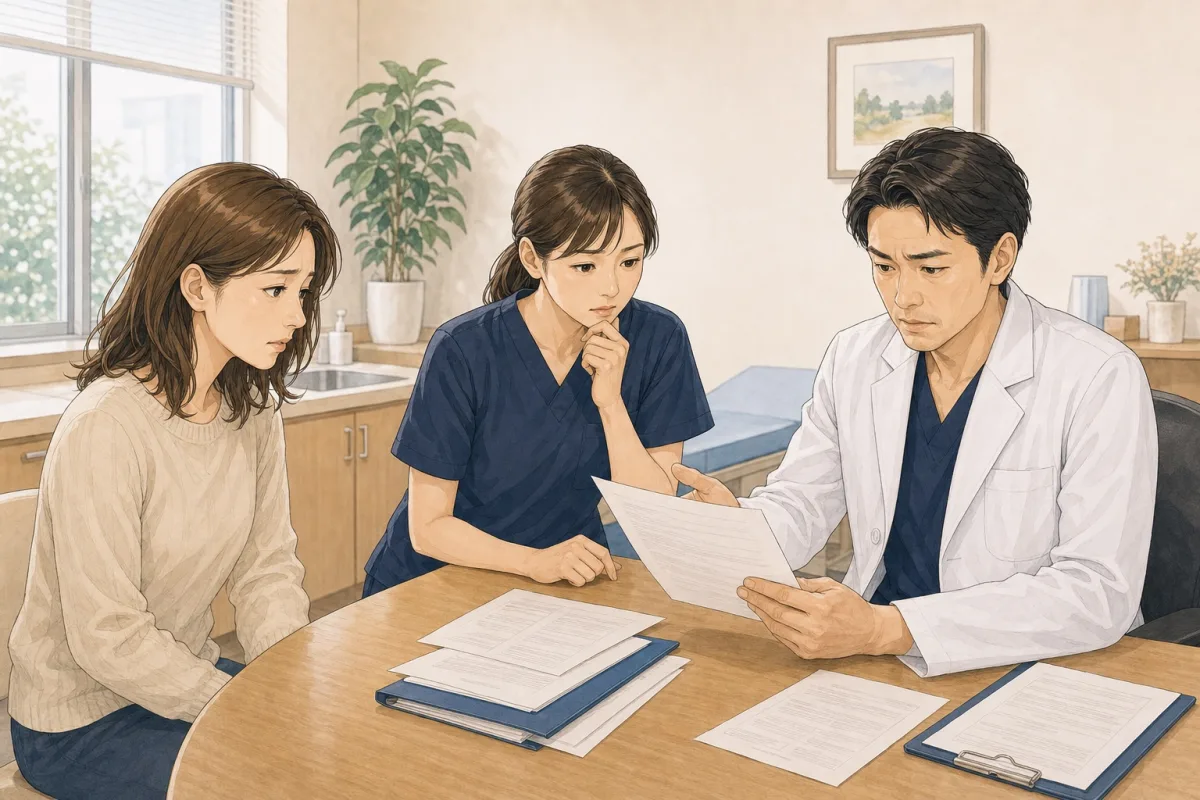 診療後トラブルの相談で院長とスタッフが困っているイラスト