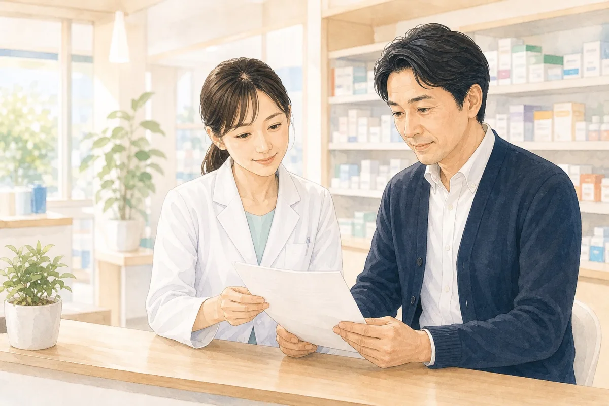 明るい調剤薬局で薬局長と担当者が保険の書類を確認しているイラスト