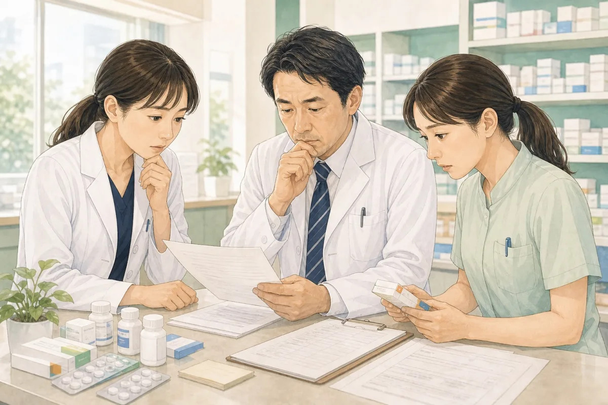 調剤過誤や患者対応について、薬局長とスタッフが困って相談しているイラスト