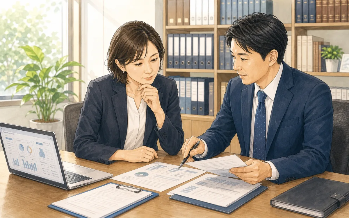 士業事務所の代表と保険担当者が保険書類を確認しているイラスト