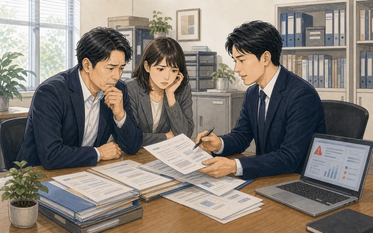 業務過誤や顧客情報トラブルについて、士業事務所の代表と所員が困って相談しているイラスト