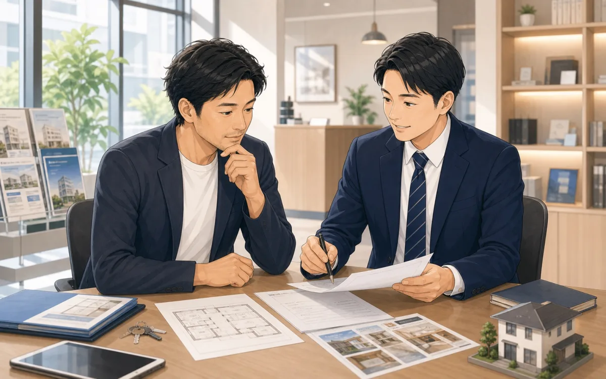 不動産会社の代表と保険担当者が物件資料と契約書類を確認しているイラスト