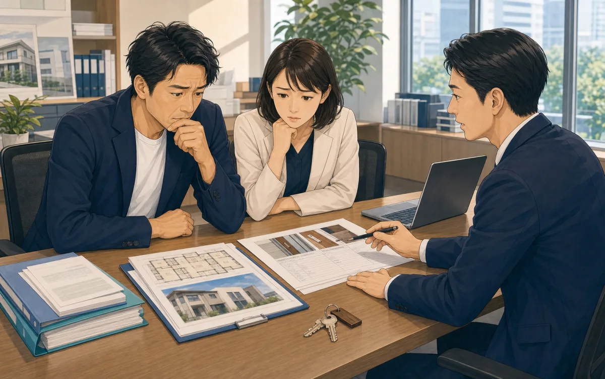 重要事項説明や顧客情報の事故について、不動産会社の代表と担当者が困って相談しているイラスト