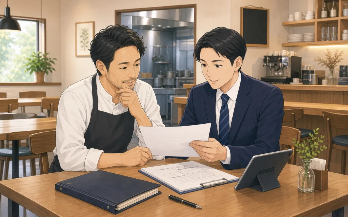 飲食店のオーナーと保険担当者が保険書類を確認しているイラスト
