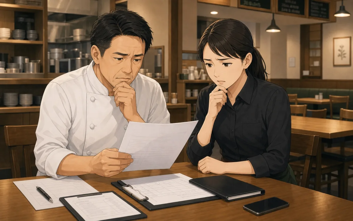 食品事故や休業について、オーナーとスタッフが困って相談しているイラスト