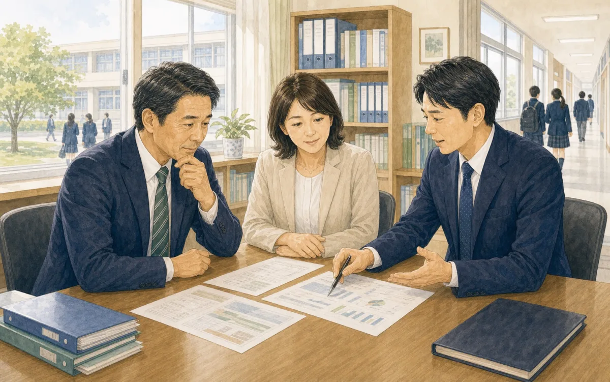学校法人の理事・教職員と保険担当者が保険書類を確認しているイラスト