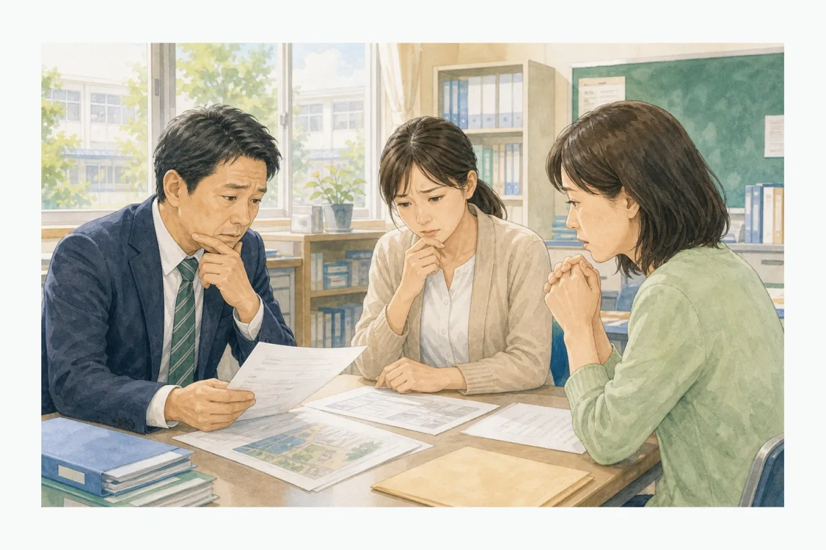 校内事故の対応について、学校法人の担当者・教職員・保護者が困って相談しているイラスト