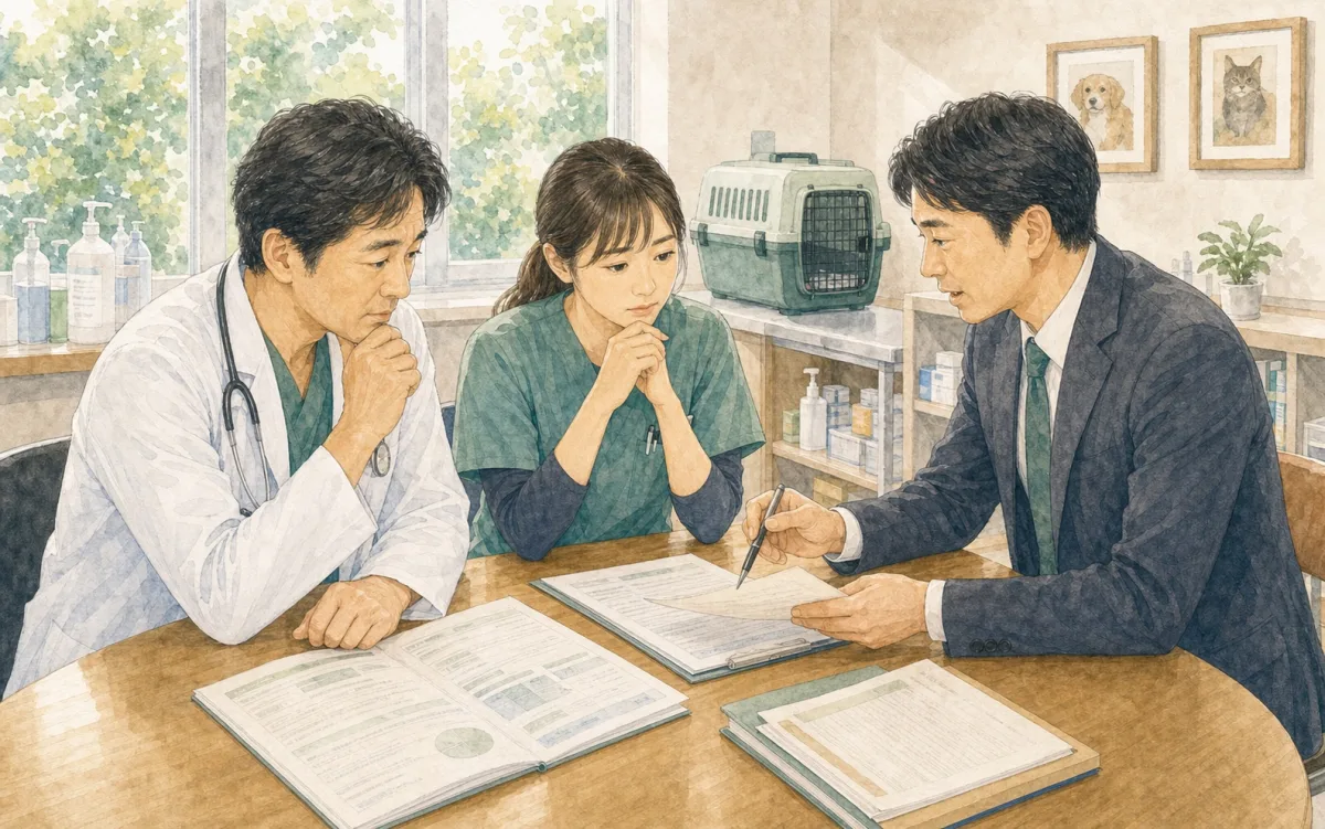 動物病院で事故報告書を前に院長とスタッフが困って相談しているイラスト