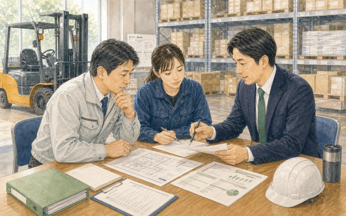 倉庫管理者と保険担当者が倉庫を背景に保険書類を確認しているイラスト