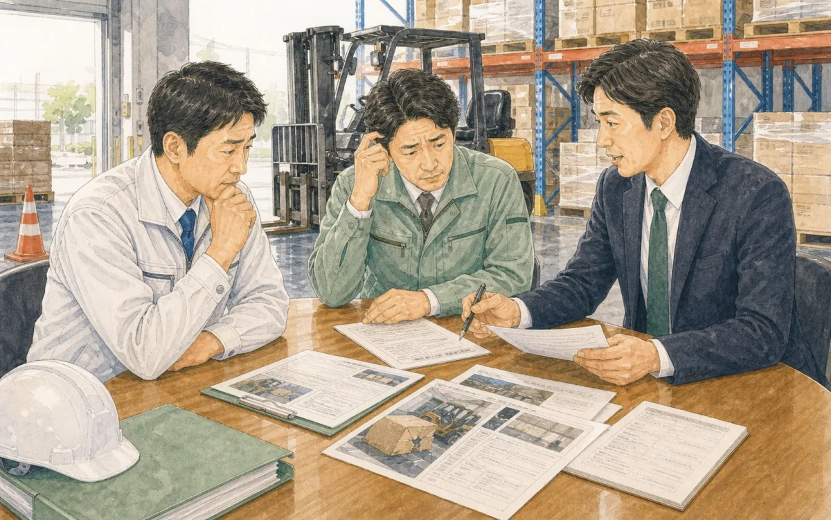 貨物損害や荷役事故について倉庫管理者と安全担当者が困って相談しているイラスト